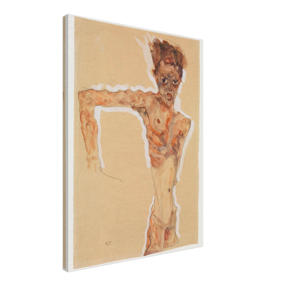 A gaunt male figure twists sharply, rendered in orange-brown washes and dark lines on tan paper.