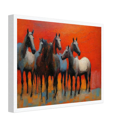 A stunning painting of a group of horses standing together against a vibrant red-orange background, showcasing their grace and strength.