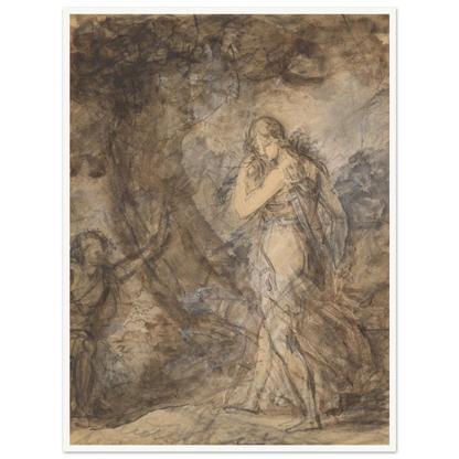 Daphnis runs toward Chloe in a loosely sketched woodland scene, rendered in soft brown and gray washes.