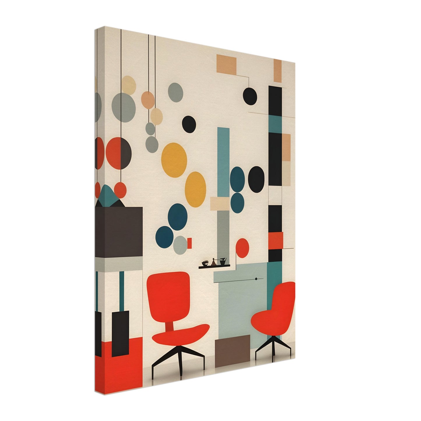 A modern artwork featuring red chairs, abstract geometric shapes, and muted tones of teal, beige, and black, evoking mid-century modern design.