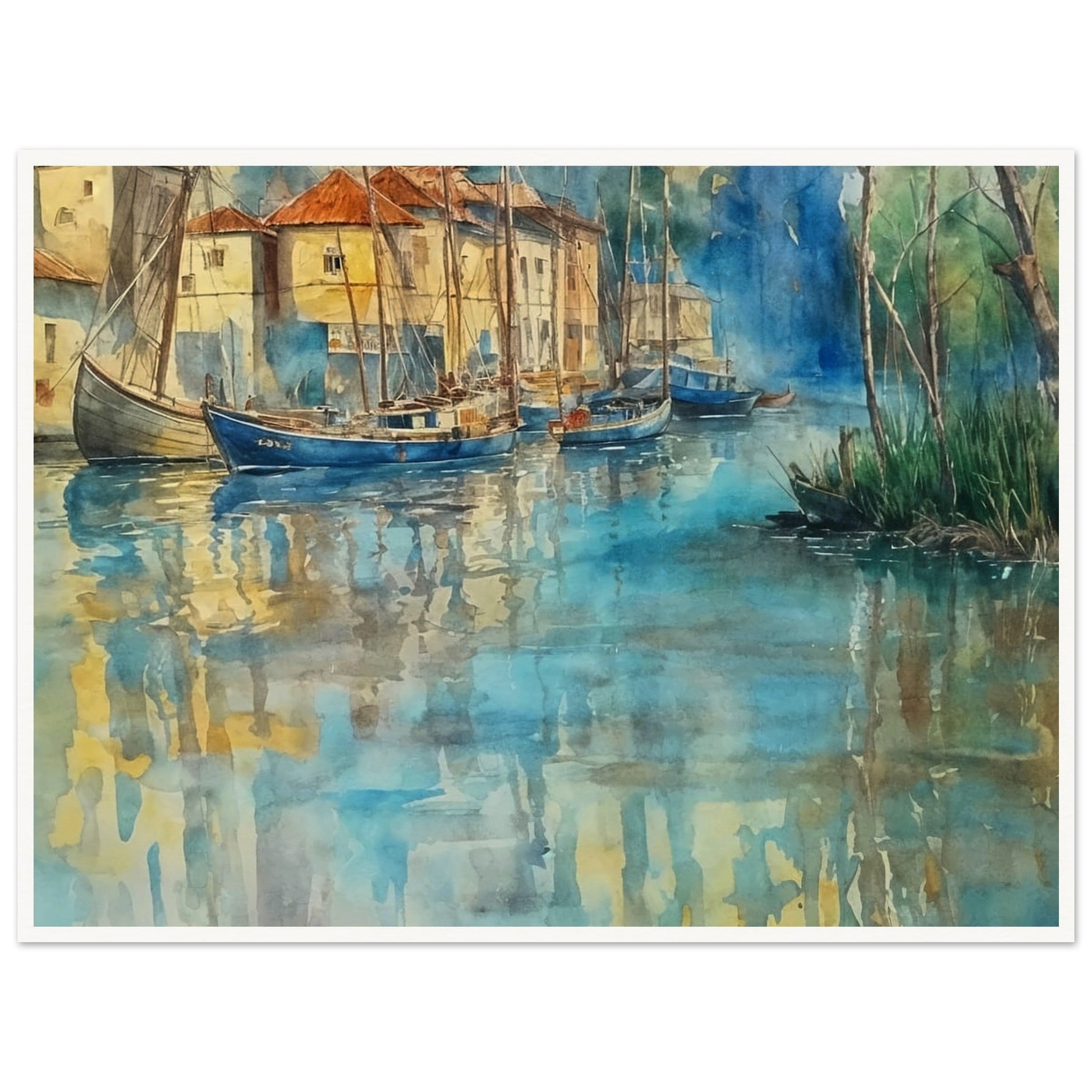 A tranquil watercolor painting of sailboats docked near a coastal town, their reflections mirrored on the calm blue water.