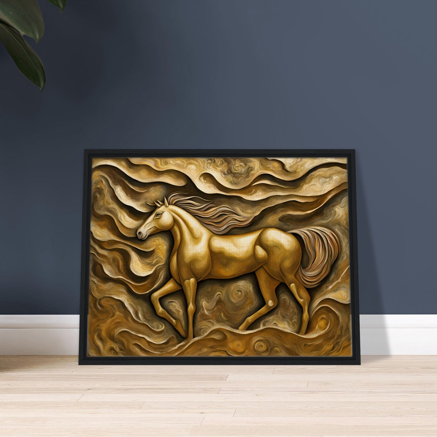 A golden horse runs through swirling, textured waves of gold and brown, embodying strength and motion with a dreamlike elegance.