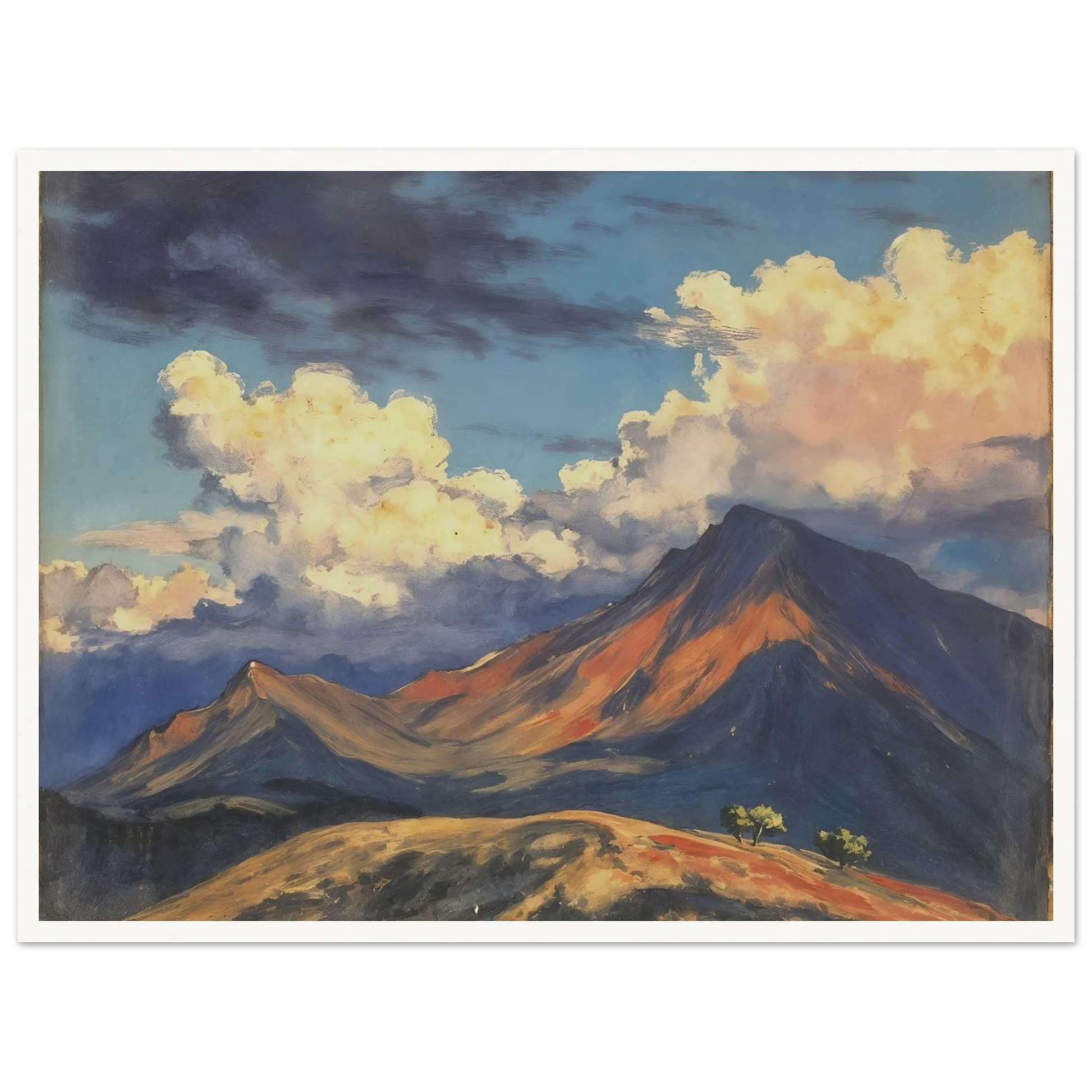 Sunlit mountain peaks glow beneath towering cream clouds and deep blue skies, with warm ridges stretching across an open landscape.