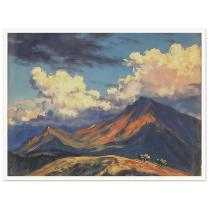 Sunlit mountain peaks glow beneath towering cream clouds and deep blue skies, with warm ridges stretching across an open landscape.