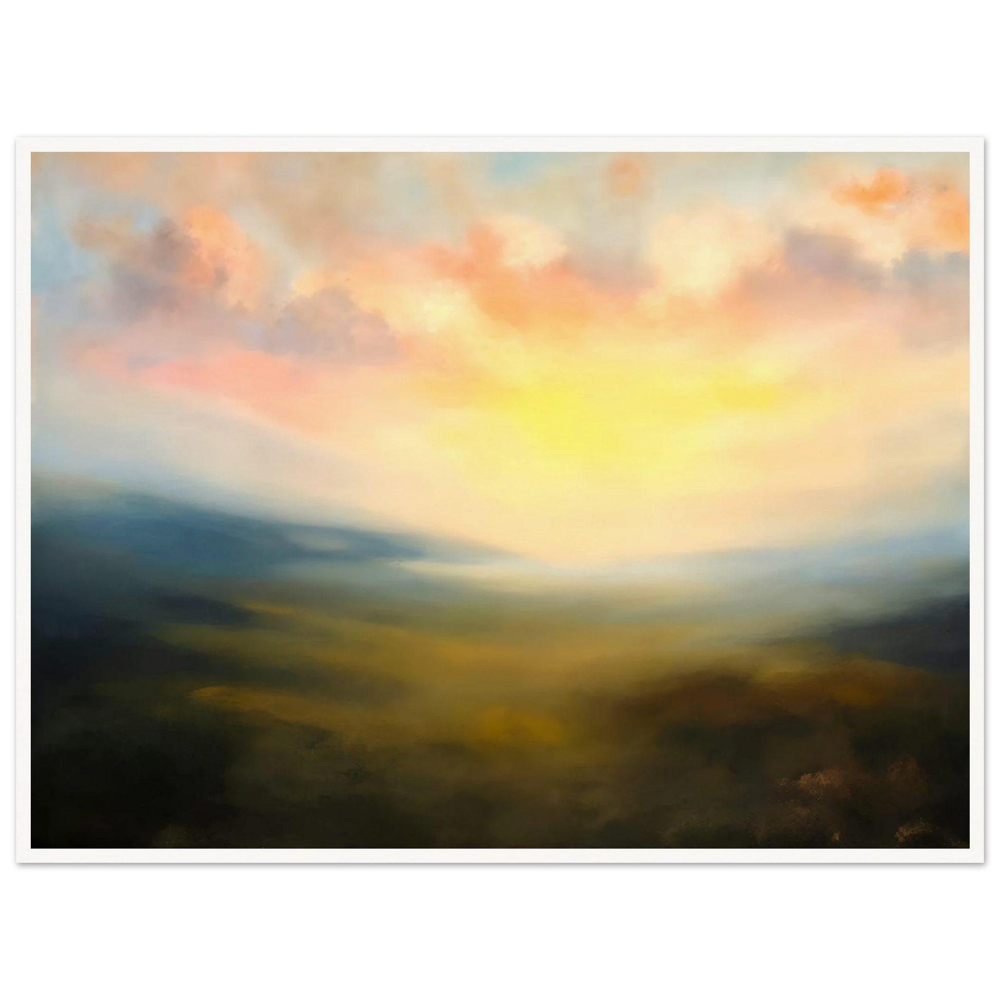 A serene atmospheric landscape featuring a glowing sunrise over mist-covered hills, with soft pink clouds and golden light spreading across a hazy valley.