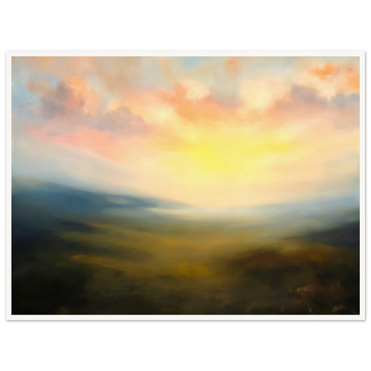 A serene atmospheric landscape featuring a glowing sunrise over mist-covered hills, with soft pink clouds and golden light spreading across a hazy valley.