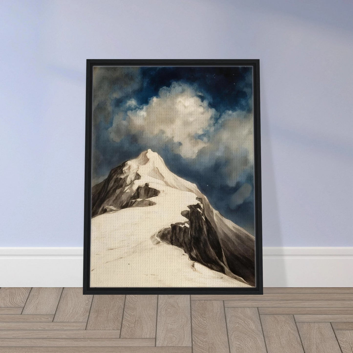 A snow-covered mountain peak rises beneath luminous clouds and a deep midnight sky, capturing solitude and awe.