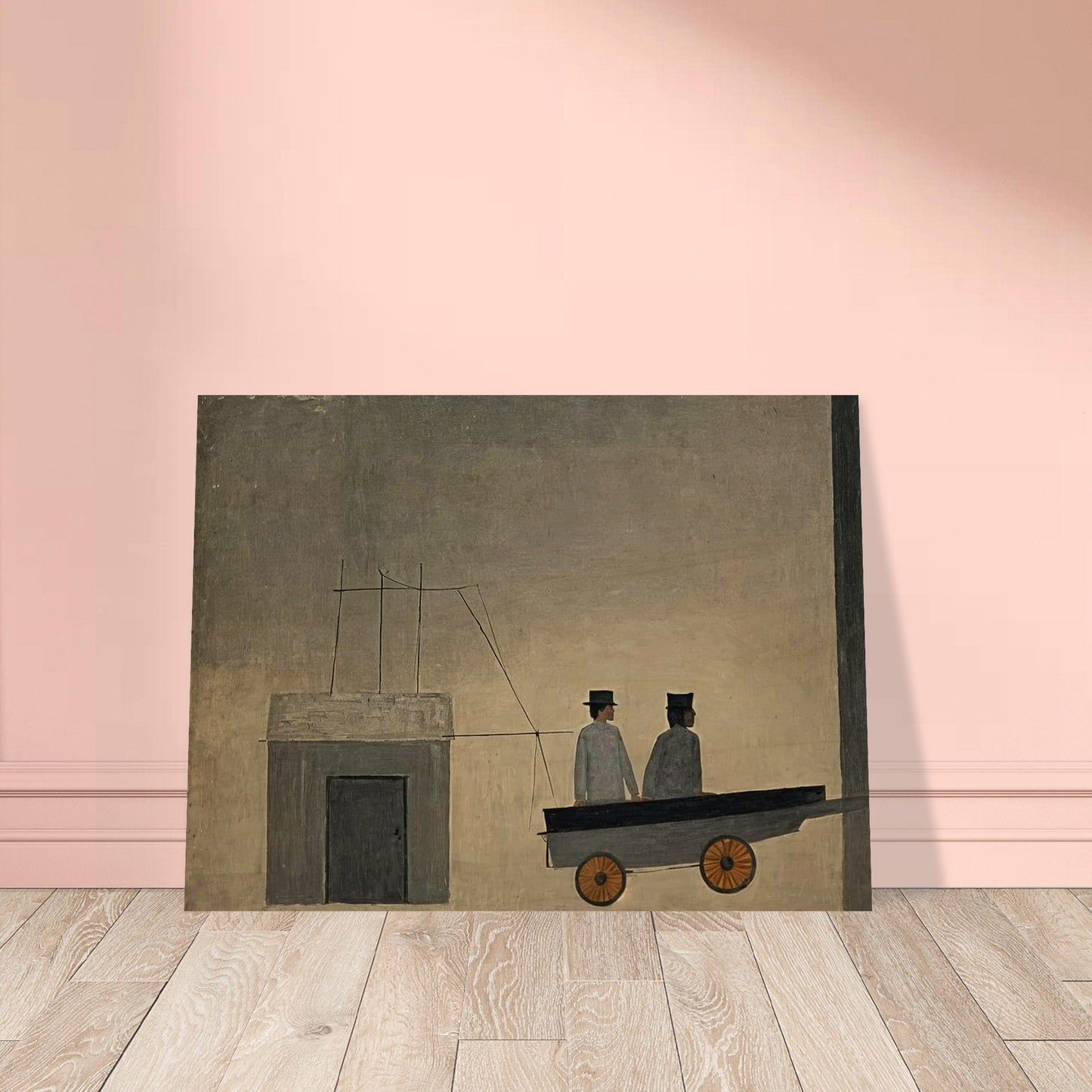 A minimalistic painting depicting two figures in a cart with orange wheels, set against a muted, textured background, creating a sense of mystery.