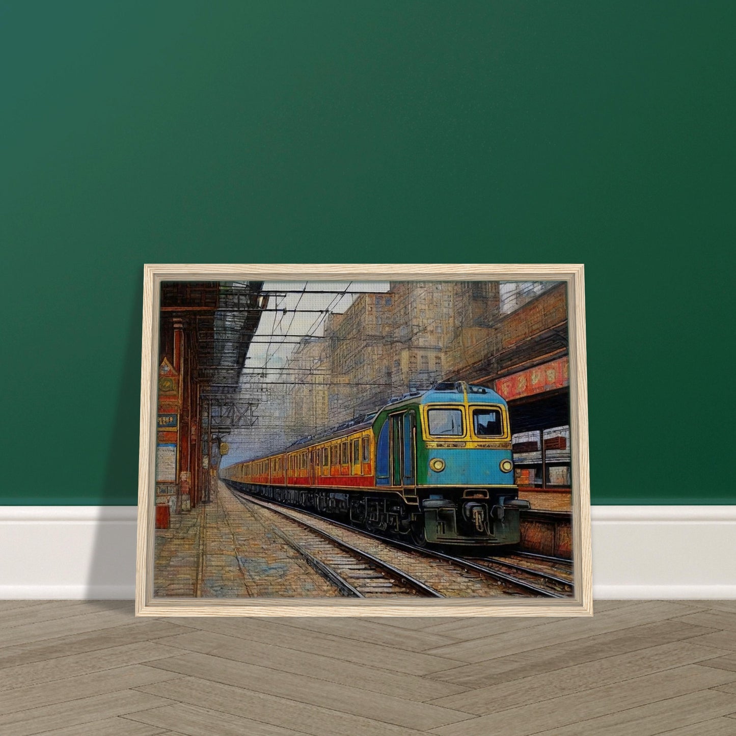 "A detailed painting of a train arriving at an urban station, set against the backdrop of tall buildings and intricate overhead wires, capturing the bustling city atmosphere."