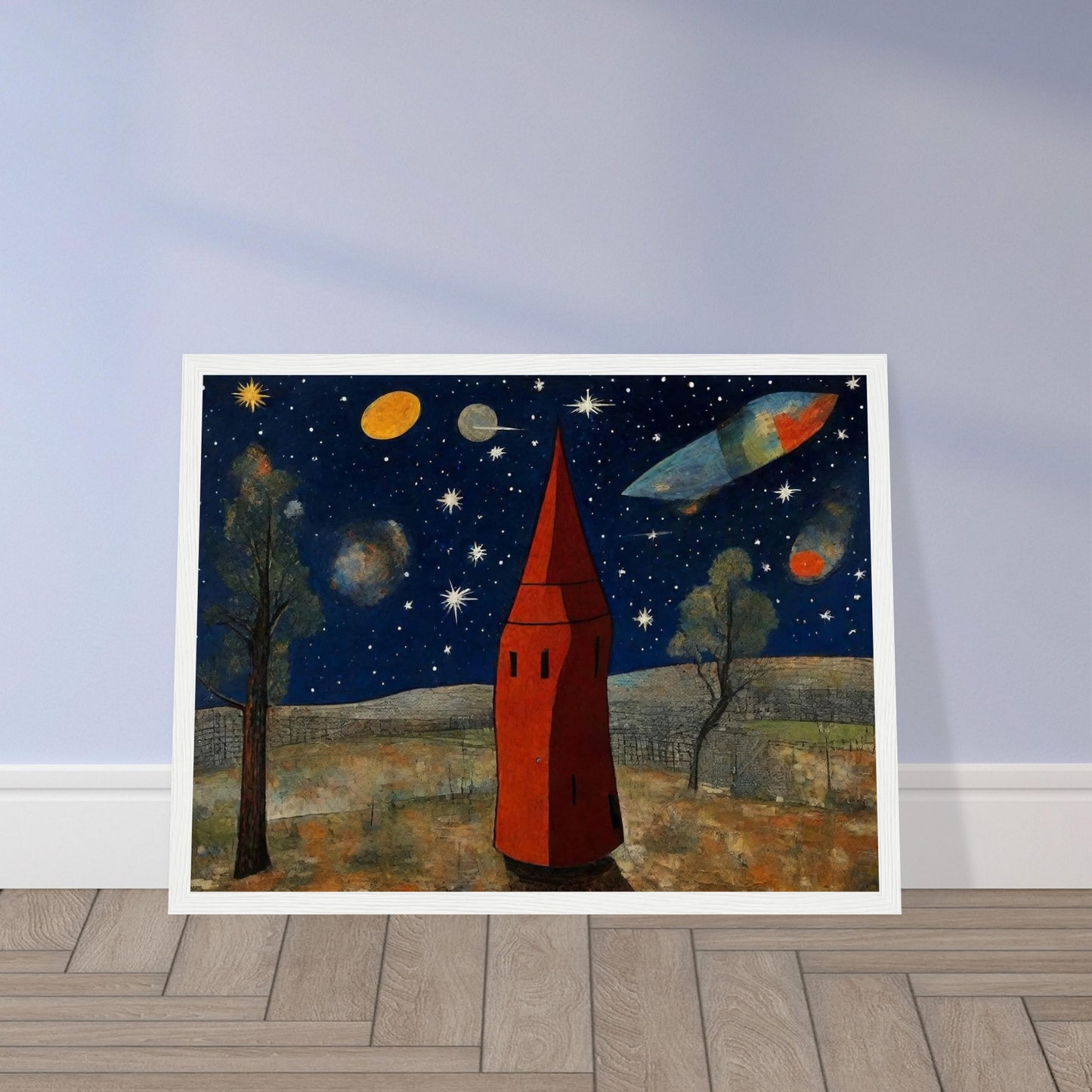 Whimsical scene of a red tower under a starry sky, with planets and a spaceship flying in a cosmic landscape surrounded by trees.