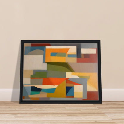 A geometric abstract painting with overlapping shapes in earthy tones of orange, yellow, green, blue, and beige, creating a harmonious composition.