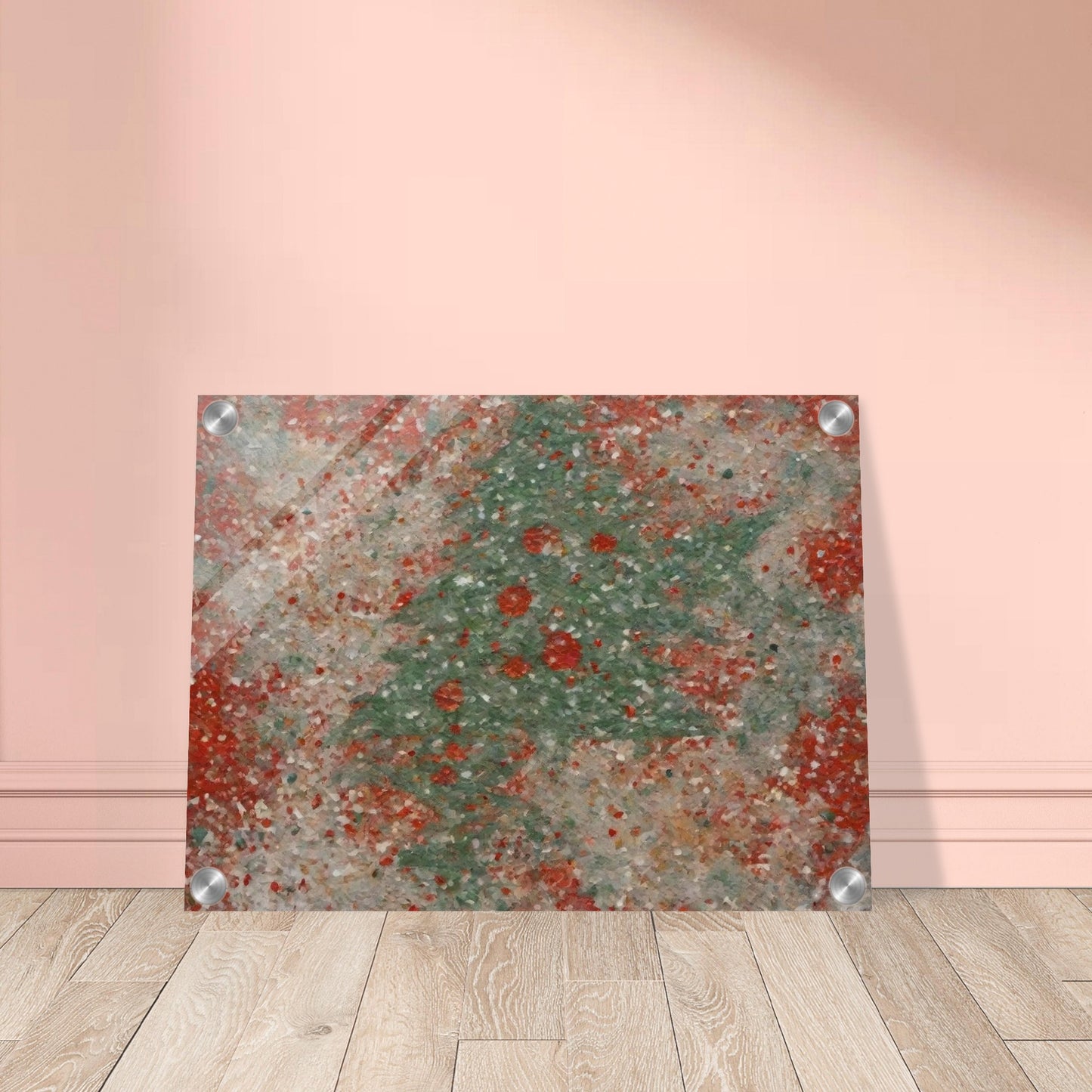 A textured artwork featuring a subtle Christmas tree shape in green, surrounded by red and white festive hues, creating a wintery charm.