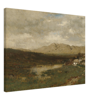 A rural cottage sits below distant mountains beneath a broad, cloudy sky in the Irish countryside.