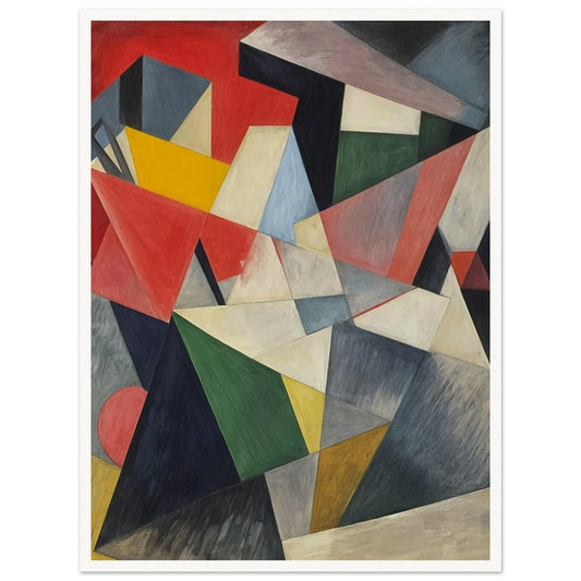 An abstract painting with various geometric shapes in bold colors like red, green, yellow, and gray, creating a dynamic composition. R.