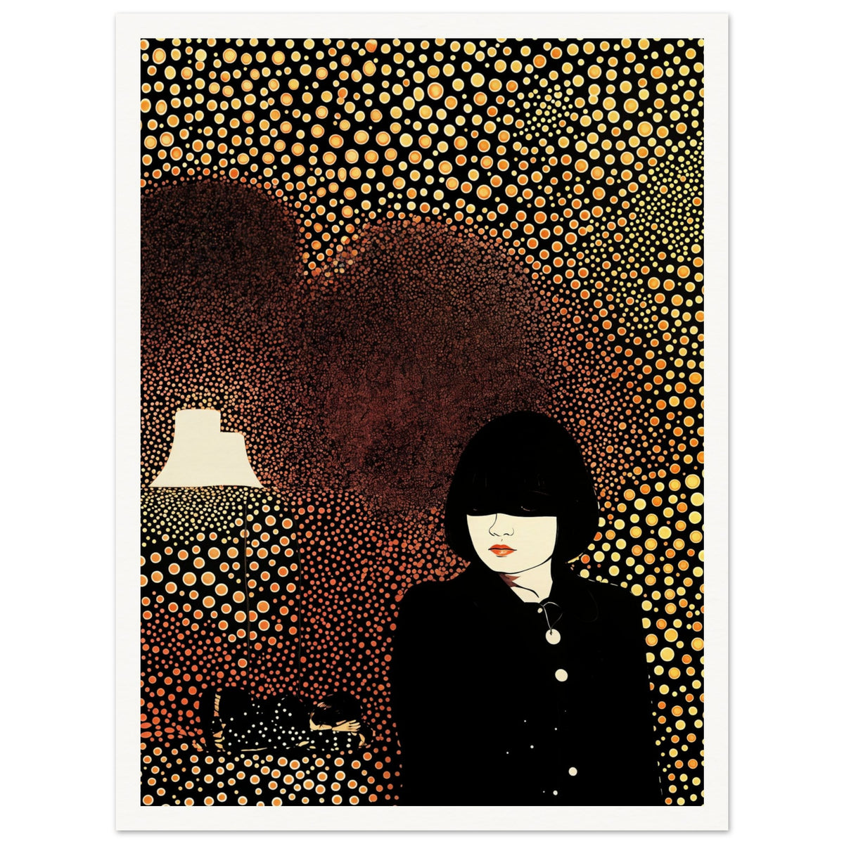 Artistic portrait of a woman in a black outfit surrounded by a background of golden circular patterns with a glowing lamp.