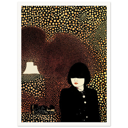 Artistic portrait of a woman in a black outfit surrounded by a background of golden circular patterns with a glowing lamp.