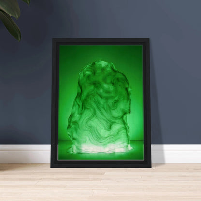 Glowing green sculptural form with fluid marbled swirls rises like illuminated jade, blending movement, mystery, and organic elegance.