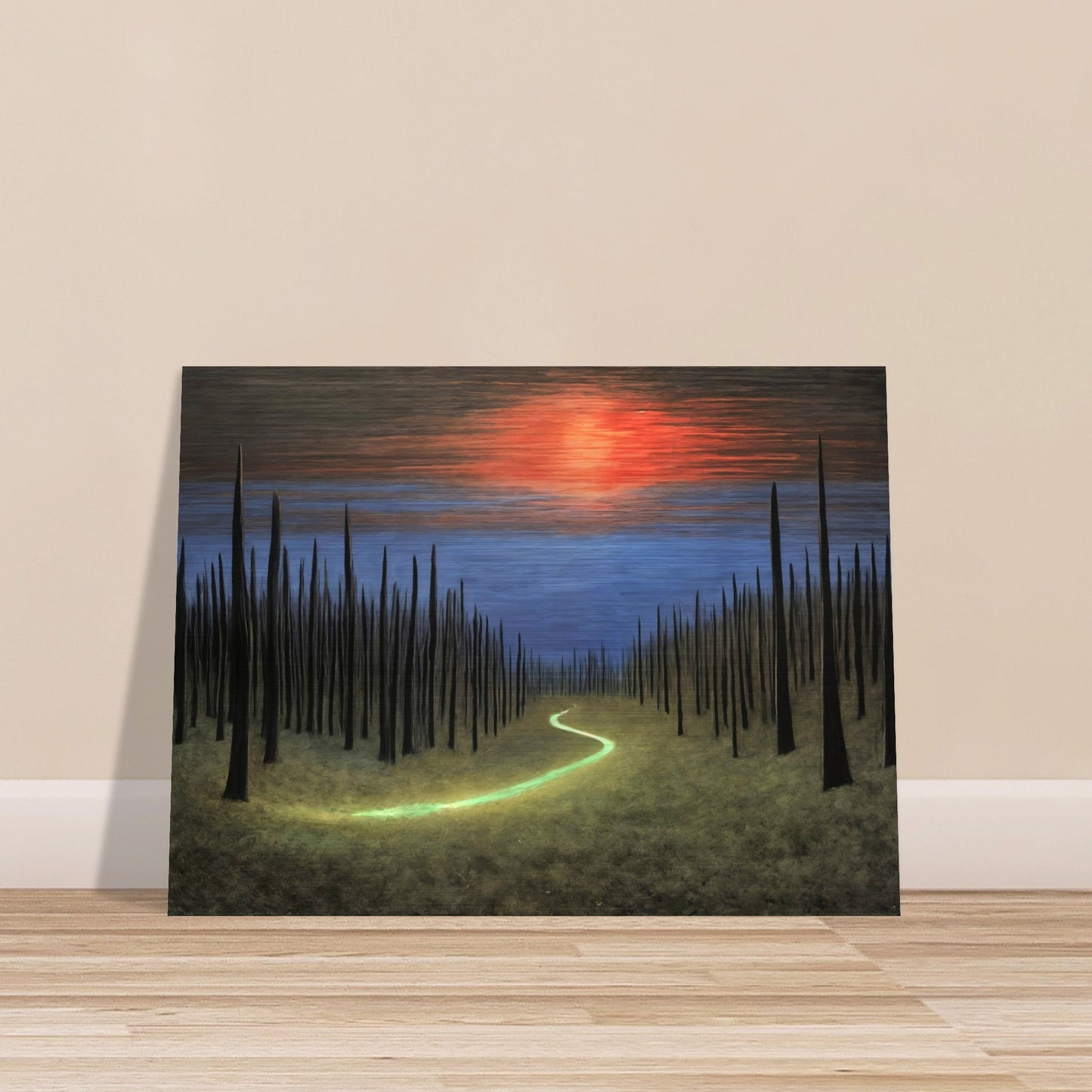 A surreal painting of a glowing green path cutting through a field of tall, dark spires under a vibrant sunset sky.