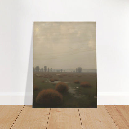 A misty field with distant trees under a pale sky, capturing the quiet stillness of a fog-laden morning.