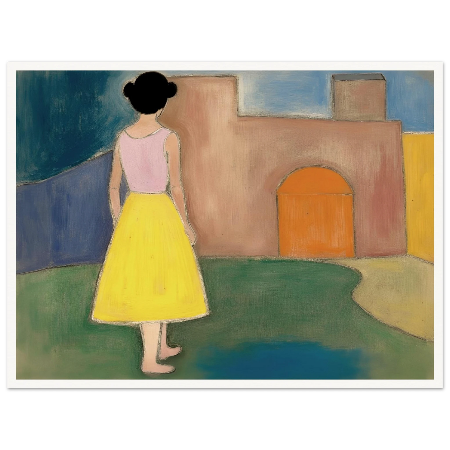 A girl in a yellow skirt faces a soft courtyard with an orange arched door and muted walls.