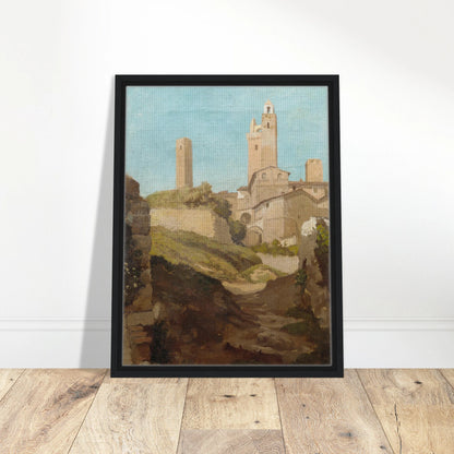 Medieval towers rise above San Gimignano’s sunlit hill town and rough path under a pale blue sky.
