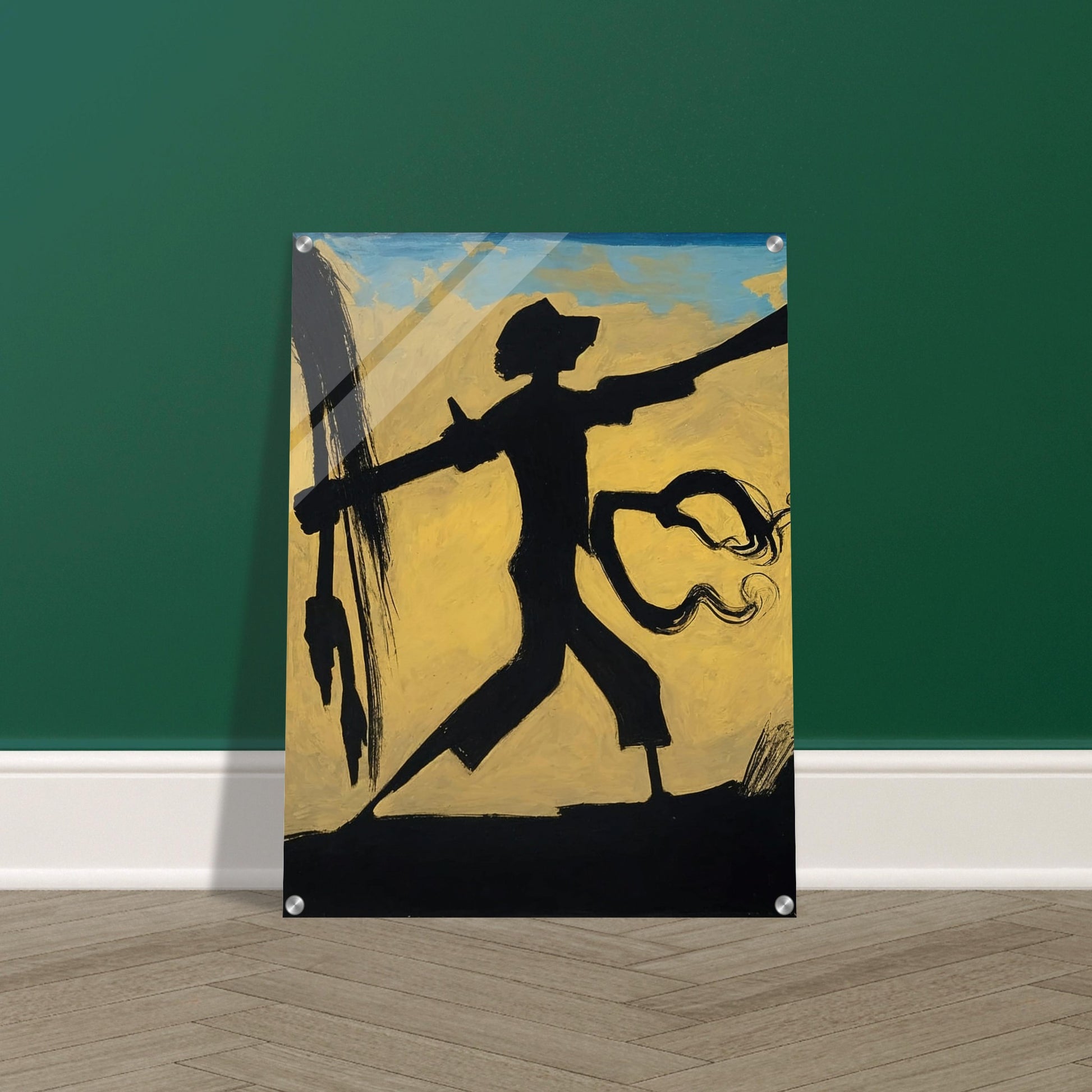 A dynamic silhouette of a warrior holding a spear against a warm, abstract background, capturing movement and strength.