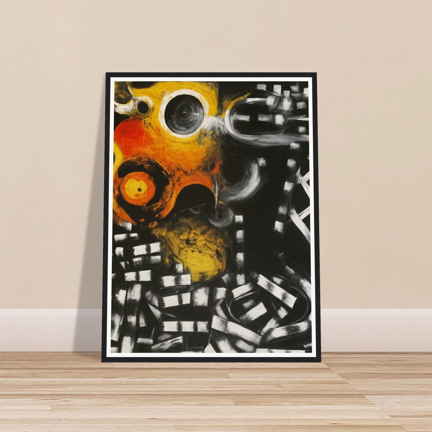 Abstract painting with fiery orange and yellow circles against a dark background, evoking a sense of cosmic energy and motion.