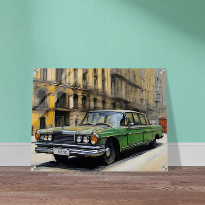 A striking painting of a green vintage car parked on a city street, surrounded by historic yellow buildings with intricate details.