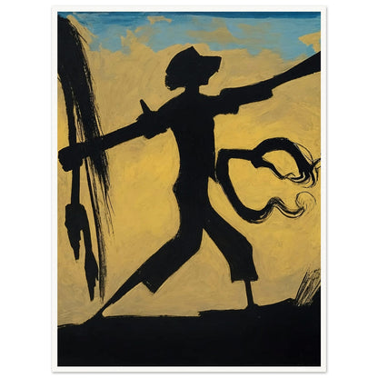 A dynamic silhouette of a warrior holding a spear against a warm, abstract background, capturing movement and strength.