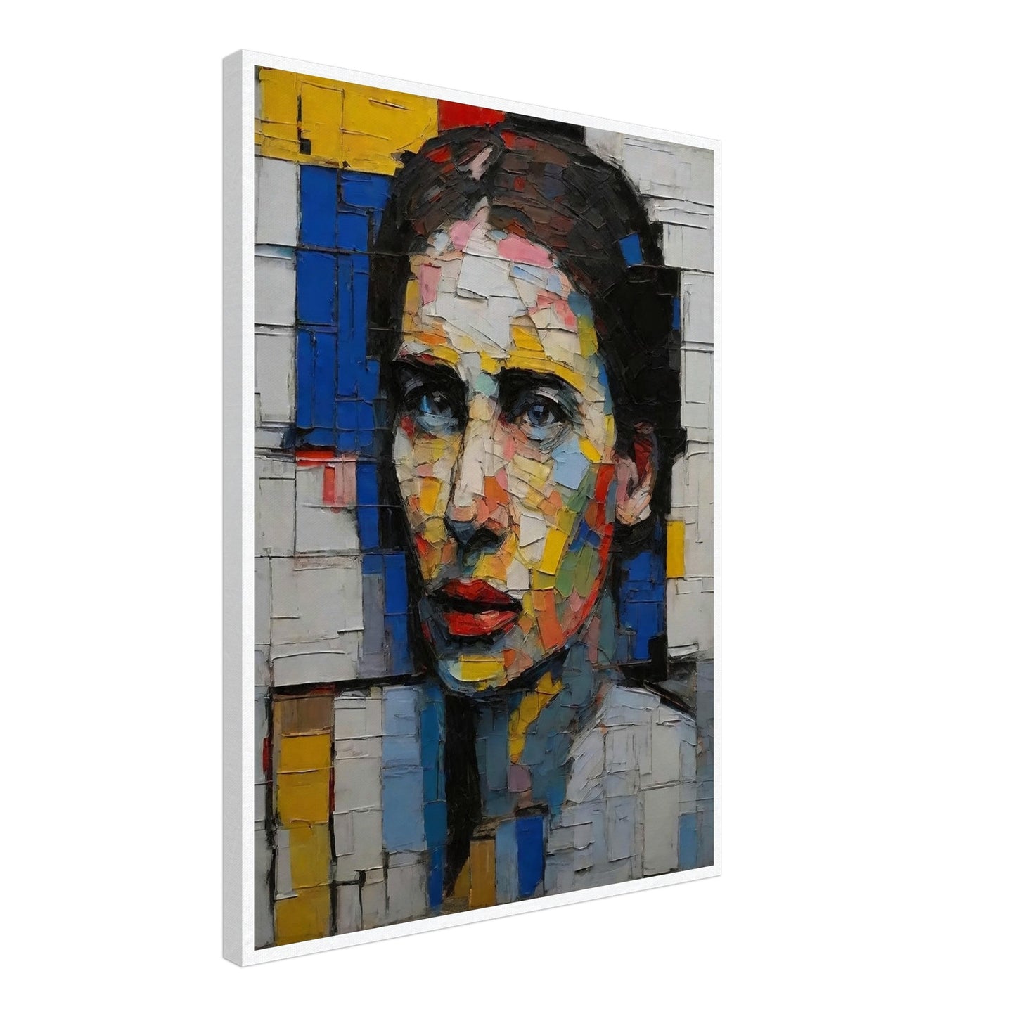 A striking mosaic-style portrait of a woman with vibrant, multi-colored geometric shapes creating a fragmented yet cohesive image.