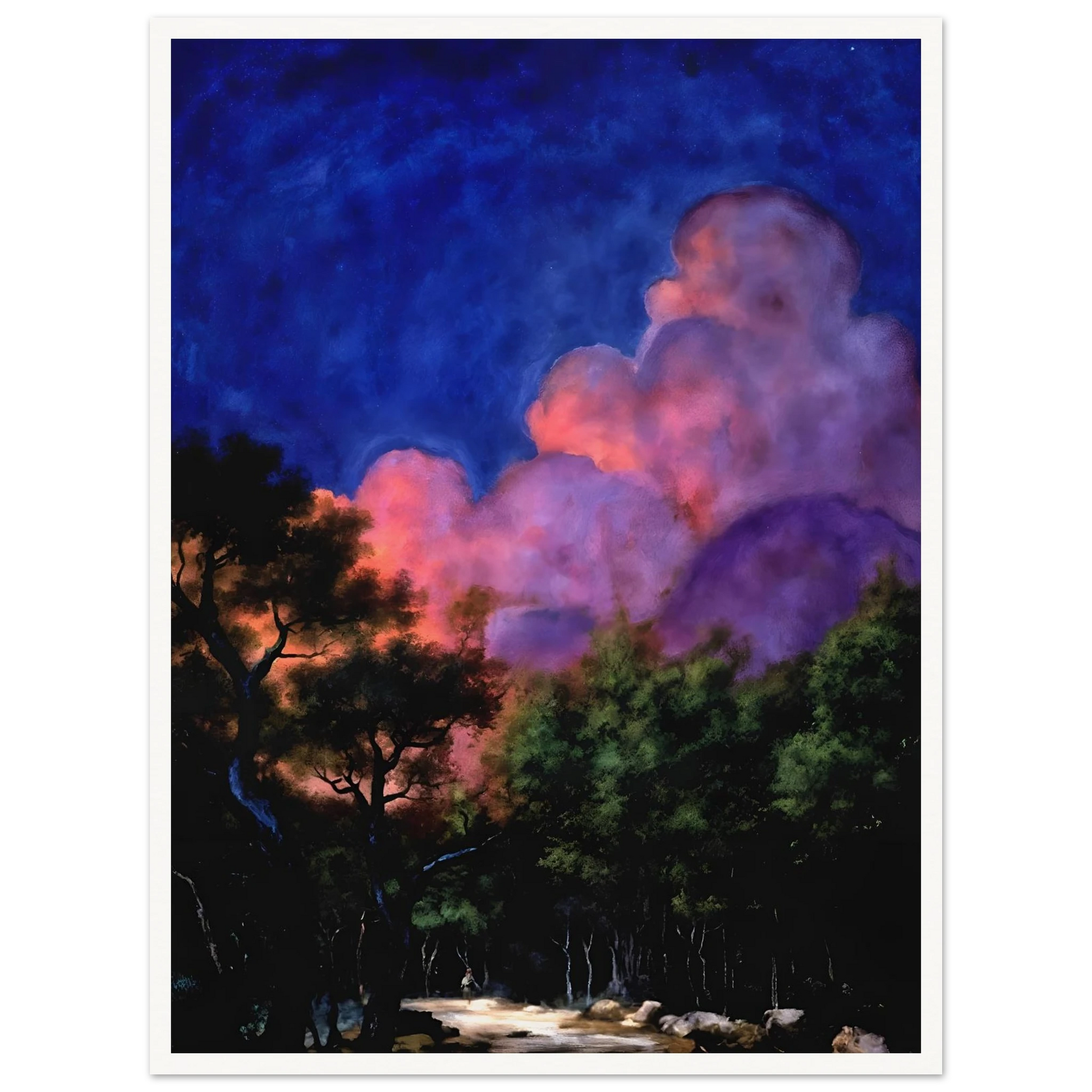 Dreamlike night landscape with deep blue sky, glowing pink clouds, shadowed trees, and luminous forest path beneath radiant twilight.