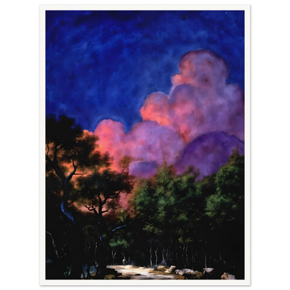 Dreamlike night landscape with deep blue sky, glowing pink clouds, shadowed trees, and luminous forest path beneath radiant twilight.