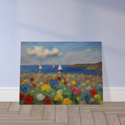 A vibrant painting of colorful flowers in the foreground with sailboats on the calm sea and a scenic coastline in the background.