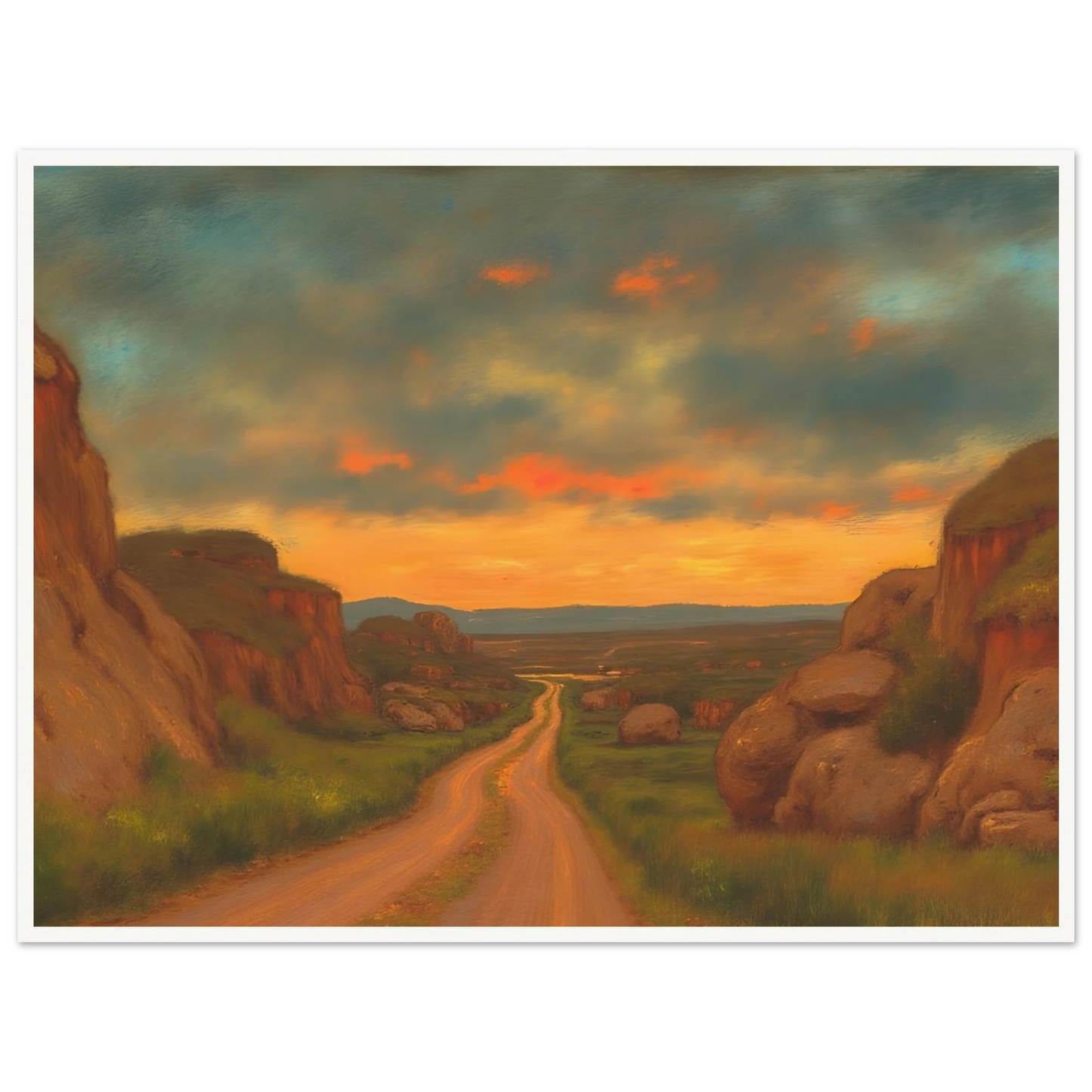A winding dirt road cuts through rocky hills under a glowing sunset sky, evoking peace, wanderlust, and quiet reflection.