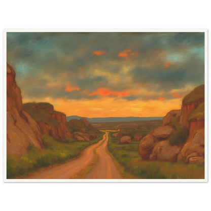 A winding dirt road cuts through rocky hills under a glowing sunset sky, evoking peace, wanderlust, and quiet reflection.