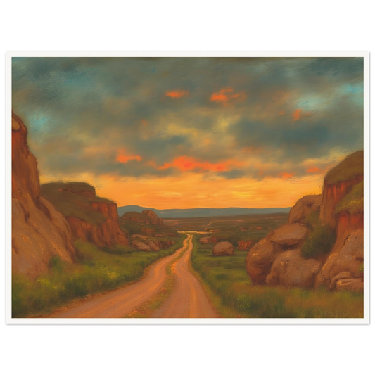 A winding dirt road cuts through rocky hills under a glowing sunset sky, evoking peace, wanderlust, and quiet reflection.