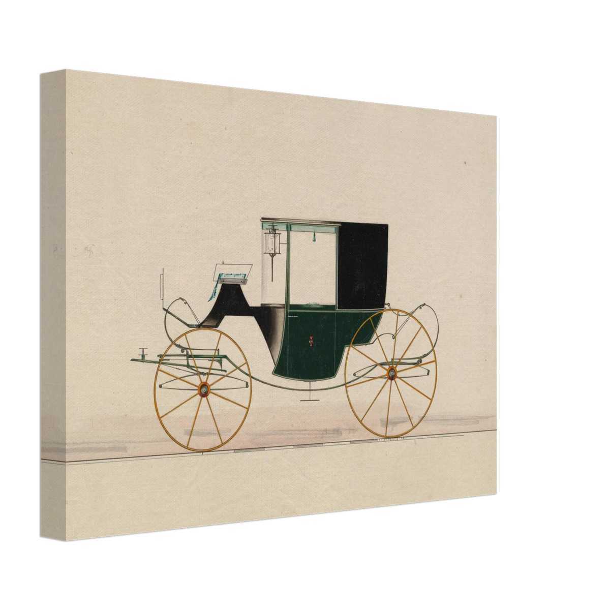 A green and black brougham carriage with yellow wheels is shown in side profile on a pale ground.