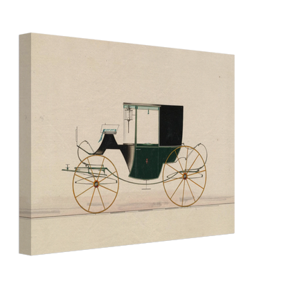 A green and black brougham carriage with yellow wheels is shown in side profile on a pale ground.
