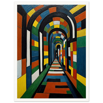 A striking, colorful tunnel with geometric patterns, creating a mesmerizing sense of depth and perspective in a surreal architectural space.