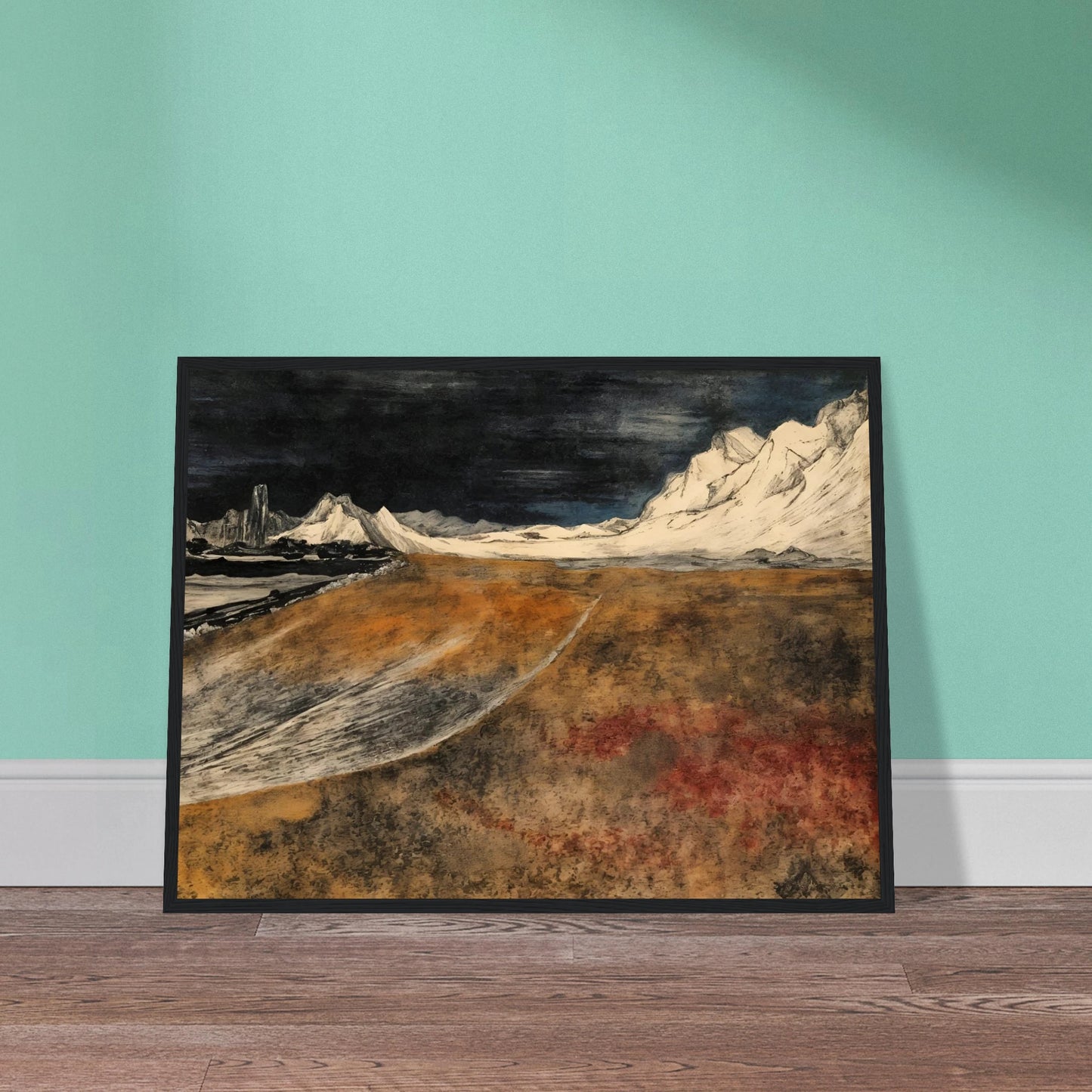 A dramatic landscape of snow-covered mountains under a dark sky, overlooking a vast brown tundra plain with icy ridges and distant peaks.