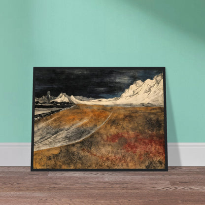 A dramatic landscape of snow-covered mountains under a dark sky, overlooking a vast brown tundra plain with icy ridges and distant peaks.