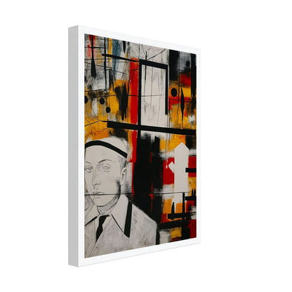 Abstract artwork featuring a man in a suit and hat against a vibrant background with geometric shapes and bold colors.