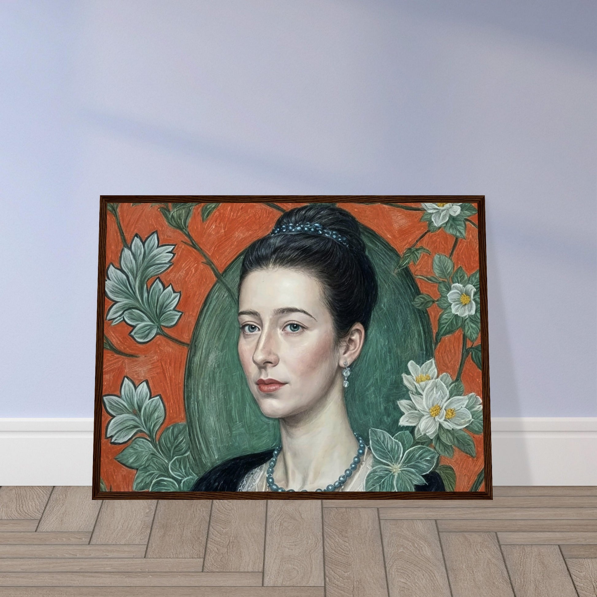 Realistic portrait of a woman with a calm expression, surrounded by intricate floral patterns in soft green and orange tones