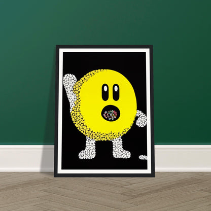 A playful pop-art depiction of a yellow circular figure made up of small white and yellow dots, with an open mouth filled with colorful shapes on a black background.