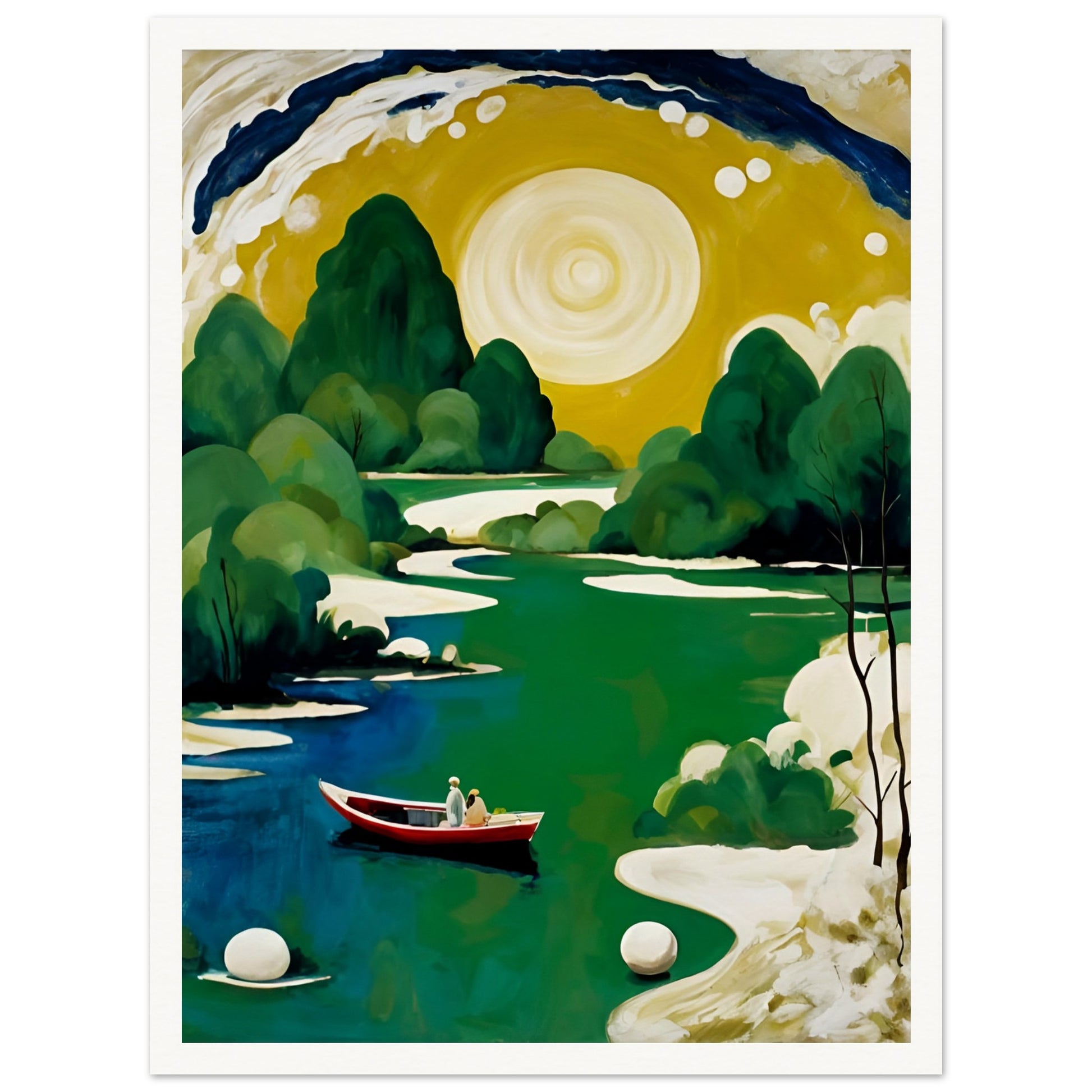 A peaceful river scene with a golden sun, lush green trees, and a small red boat carrying two figures, evoking serenity and wonder.