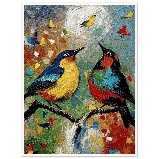 A vibrant painting of two colorful birds, one yellow and blue and the other red and green, perched on branches with a lively background of bright textures and small birds in flight.