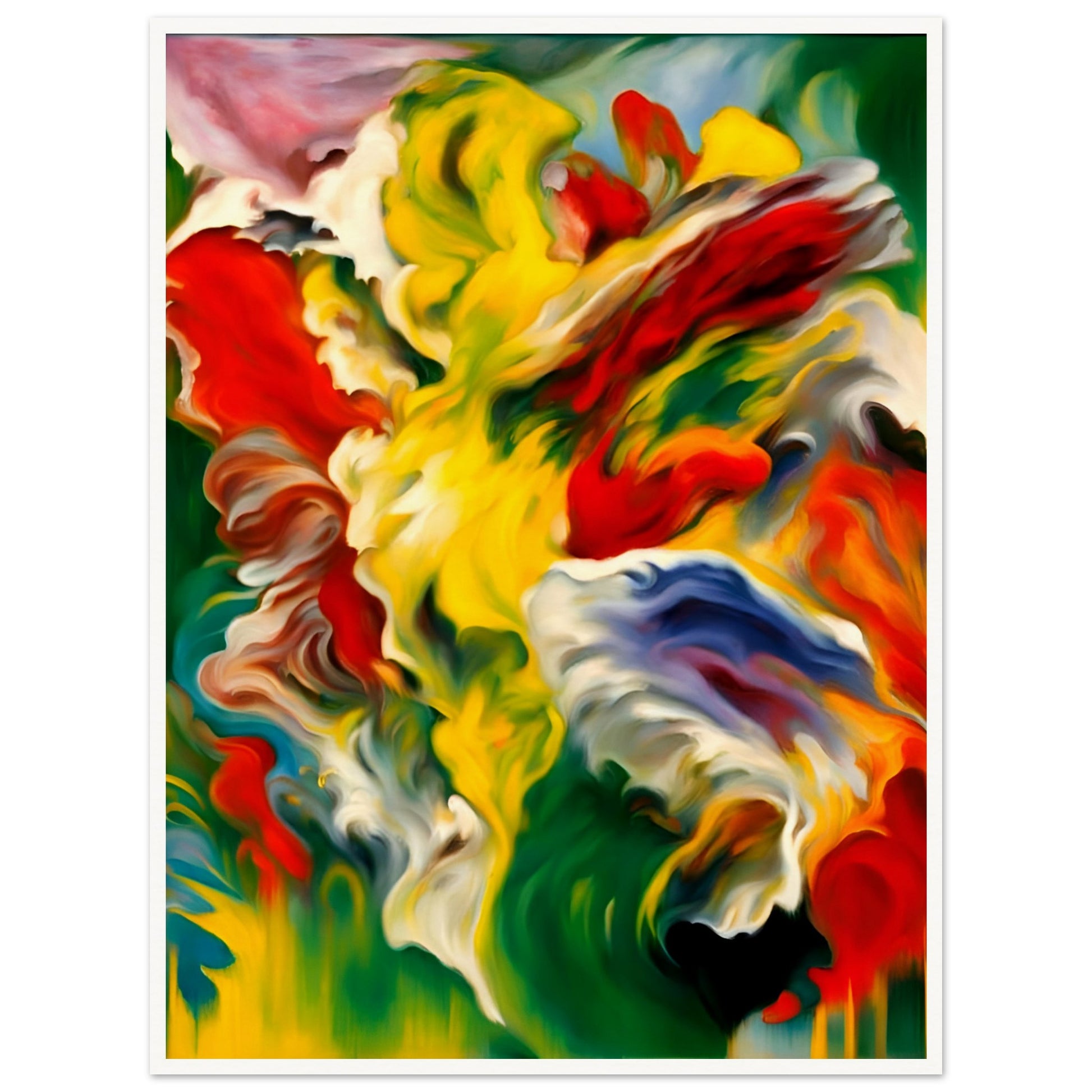 A mesmerizing painting with swirling strokes of red, yellow, green, and blue, evoking the energy of nature’s raw and vibrant essence.