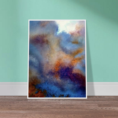 An abstract painting depicting a moody sky with swirling hues of blue, orange, and purple, evoking a dreamy and atmospheric scene.