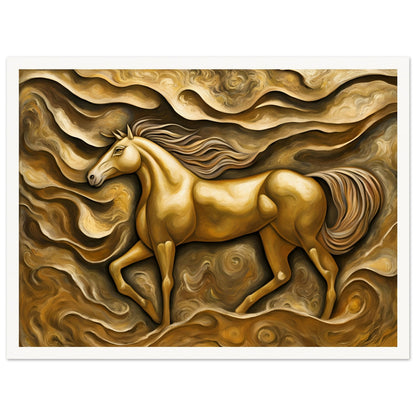 A golden horse runs through swirling, textured waves of gold and brown, embodying strength and motion with a dreamlike elegance.