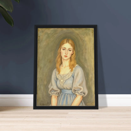 A serene young woman with flowing blonde hair and a pale blue dress gazes softly forward against a muted olive-toned background.